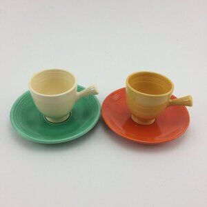 2 Vtg Fiesta Demitasse Cups Saucers Homer Laughlin Stick Handle Mix-and-Match